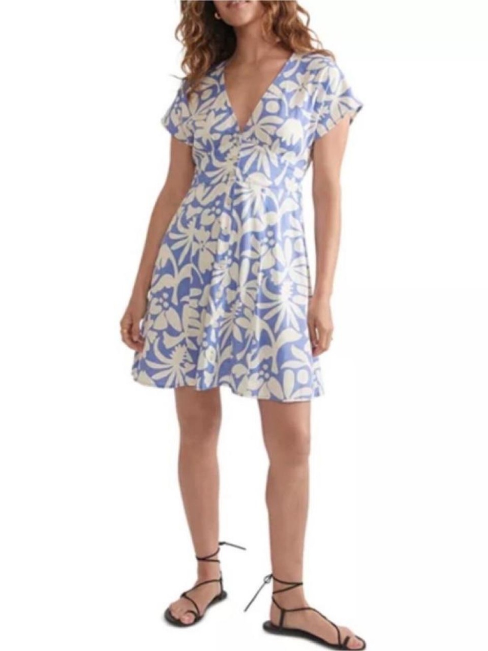 Marine Layer Blue and Cream Floral V-Neck Mini Dress